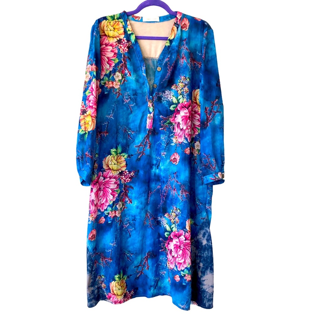 Simply Couture Sheer Oriental Floral Long Sleeve Shift Dress (XL)